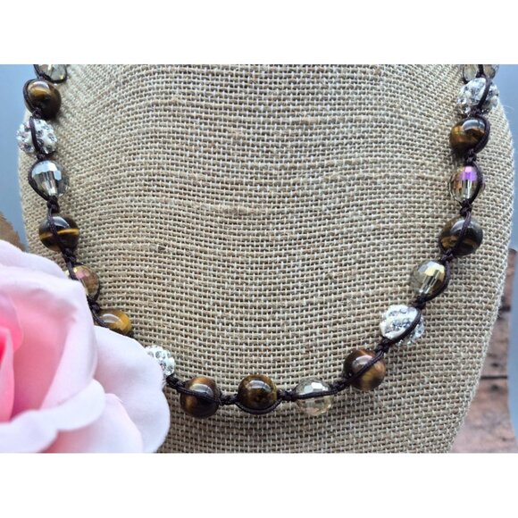 NWOT Tiger's Eye Shamballa & Faceted Crystal Boho Cord Necklace One Size Unisex - Picture 3 of 10